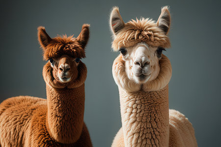 Two cute alpaca looking at camera on gray backgroundの写真素材