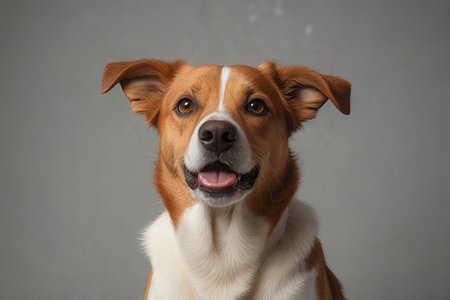 Portrait of a cute mixed breed dog looking at camera on gray background