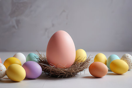Colorful easter eggs in a nest on a white background.