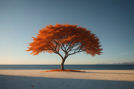 Autumn tree on the beach. 3D render. Toned.の写真素材