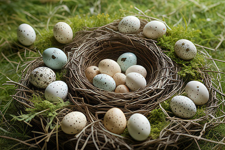 Easter eggs in nest on green grass background. Happy Easter!の写真素材
