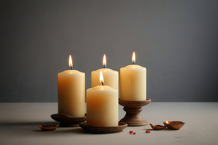 Burning candles on wooden table against gray background, space for textの写真素材