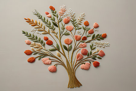 Decorative tree made of flowers and leaves on gray background, top viewの写真素材