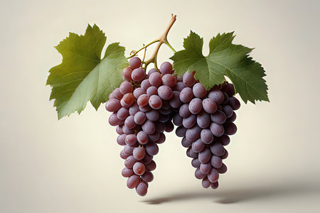 Bunch of red grapes with green leaves on a light background.の写真素材