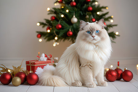 Beautiful cat of siberian breed with Christmas tree on backgroundの写真素材