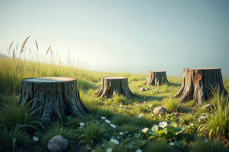 Stumps in the meadow with daisies and grass.の写真素材