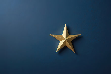 Golden star on dark blue background. 3d rendering. Top view.の写真素材
