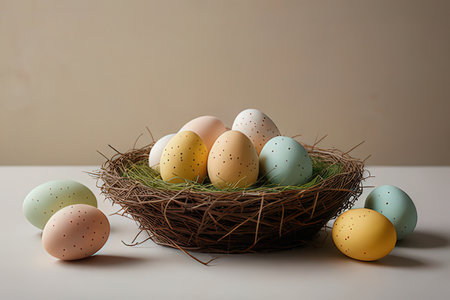 Easter eggs in a nest on a beige background. Copy space.