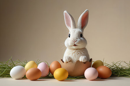 Easter bunny and easter eggs on a beige background.