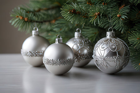 Silver Christmas baubles on a branch of a Christmas tree.の写真素材