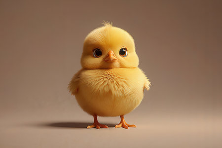 Cute little yellow chicken on brown background, easter concept.の写真素材