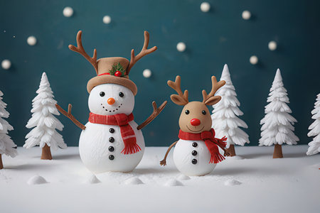 Snowman and reindeer in winter forest. Christmas background.の写真素材