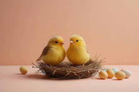 Easter composition with two yellow chickens and eggs on a pink background