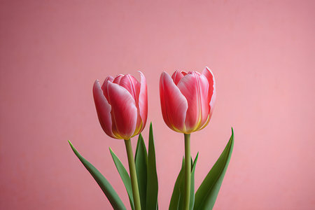 Tulips on a pink background. Place for your text.の写真素材