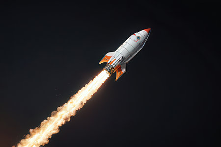 Space rocket taking off on a dark background. 3d rendering.の写真素材