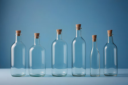 Empty glass bottles with cork stoppers on blue background. 3D rendering