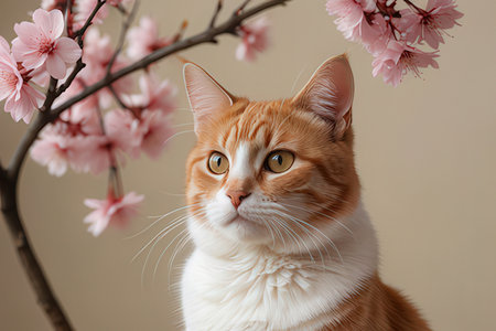 Portrait of a red cat on a background of pink blossomsの写真素材