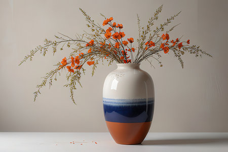 Orange vase with dry flowers on white table and gray wall backgroundの写真素材