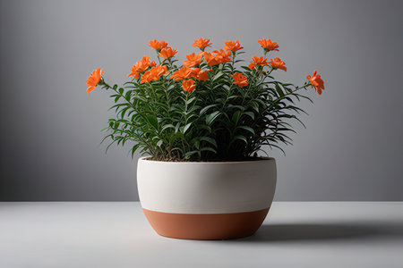 Orange flowers in pot on gray background. 3d render. Studio shot.