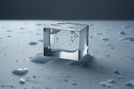 Ice cube with water drops on gray background. 3D illustration.