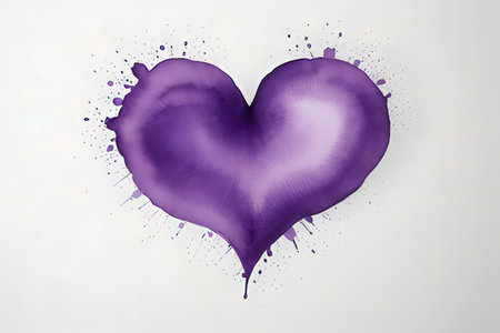 Purple heart made of ink splashes on white background with copy spaceの写真素材