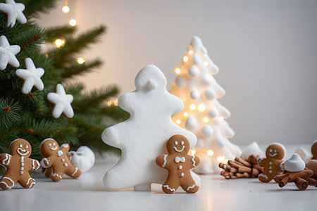 Christmas gingerbread cookies on a white background with a Christmas tree and lights
