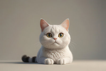 Portrait of a white cat with yellow eyes on a gray backgroundの写真素材