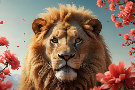 Lion in the wild with pink flowers. 3D illustration.の写真素材