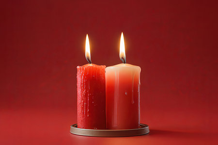 Two red candles on a red background, close-up, copy spaceの写真素材
