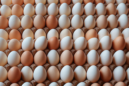 White and brown chicken eggs in a cardboard box as a background.