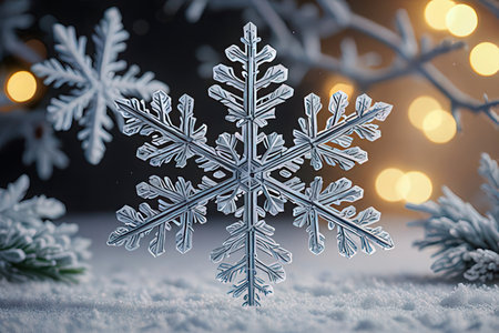 Snowflake on snow with bokeh lights background. Christmas and New Year concept.の写真素材