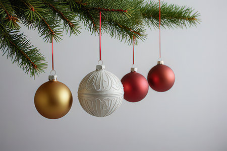 Christmas tree branches with red and gold baubles on white background