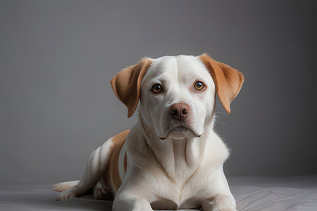 Studio portrait of a beautiful mixed breed dog lying on a gray backgroundの写真素材
