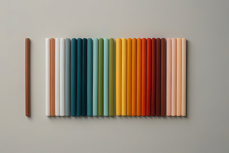 Colorful pencils in row on gray background, 3d render