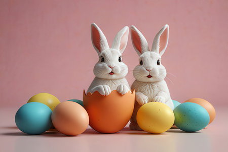 Easter bunnies with colorful eggs on pastel pink backgroundの写真素材
