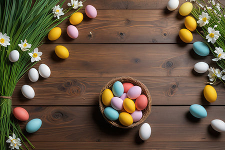Colorful easter eggs and flowers on wooden background. Top view