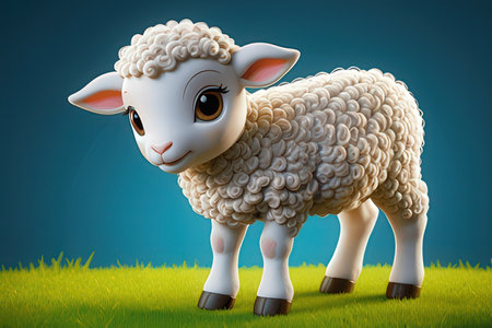 Sheep standing on green grass and blue sky background. 3d illustrationのeditorial素材