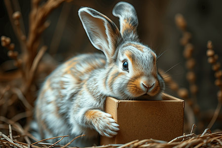 Cute little rabbit with a gift box on a background of grassの写真素材