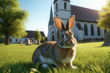Cute little rabbit on green grass near church. Easter holiday conceptの写真素材
