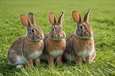 Three cute hares sitting in the grass. Easter bunny concept.