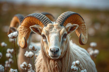 Portrait of a goat with long horns in a field of cottonの写真素材