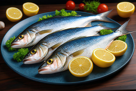 Fresh raw sardines with lemon and parsley on wooden background