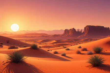 Desert landscape with sand dunes at sunset. 3d renderingの素材