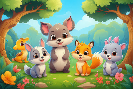 Vector illustration of Cartoon little cute animals in the forest on a sunny dayの写真素材