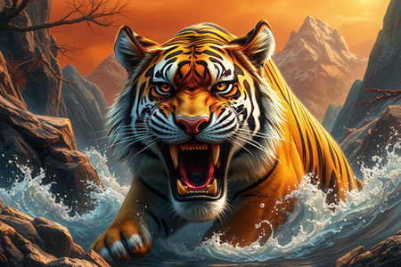 Tiger in the wild. Wildlife scene. 3D illustration.の写真素材