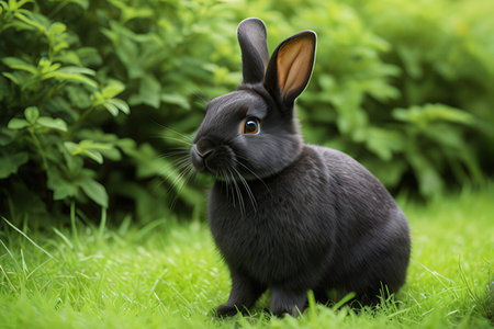 Cute little rabbit on green grass outdoors. Easter bunny in gardenの写真素材