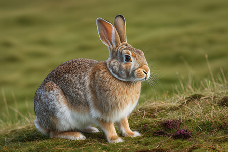 Cute brown hare sitting on a grassy hill in Scotland.