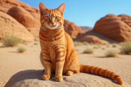 Orange cat sitting on a rock in the desert. 3d renderingの写真素材