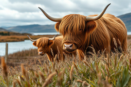 Scottish highland cattle in a field on the Isle of Skyeの写真素材