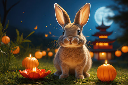 Cute little rabbit with pumpkin and lanterns at nightの素材